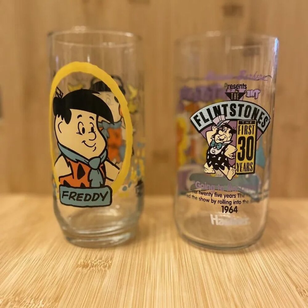 Vintage 1986 1991 FLINTSTONES Drinking Glasses PIZZA HUT HARDEES Hanna Barera